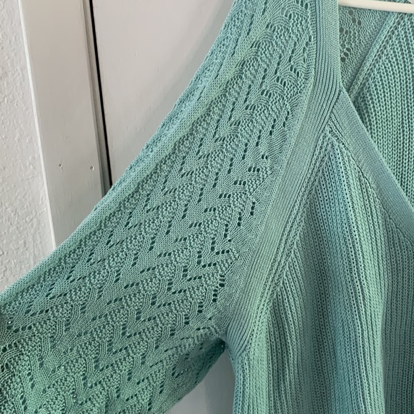 Torrid Size 5 aqua v-neck ribbed cardigan with lacy knit sleeves - Picture 6 of 8
